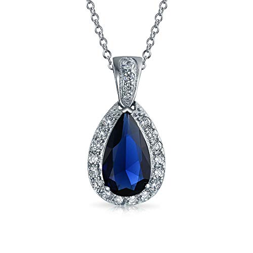 Bling Jewelry Klassischer Brautschmuck Birne Form 24X15 Solitär Teardrop Halo AAA 15CT CZ Simuliert Blauer Saphir Anhänger Halskette Für Frauen Abschlussball Brautjungfer Hochzeit Versilbert von Bling Jewelry