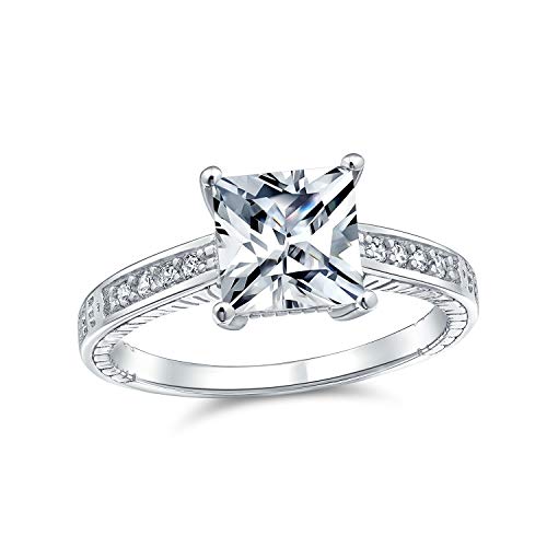 Klassischer traditioneller Zirkonia 3CT Quadrat AAA CZ Prinzessin Schnitt Solitär Verlobungsring für Frauen .925 Sterling Silber Milgrain Pave Band von Bling Jewelry