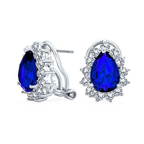 Klassischer Vintage Stil Cocktail Hochzeitsfeier Königsblau Saphir Simulierte AAA CZ Halo Birnenförmige Tropfen Ohrstecker Für Damen Omega Verschluss Versilbert von Bling Jewelry
