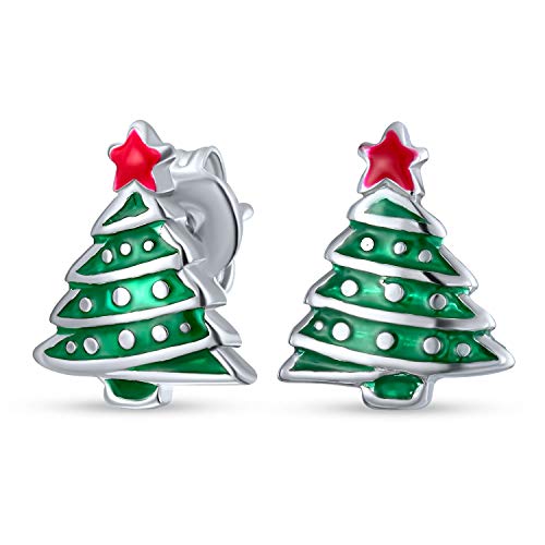 Kleine Lustige Winterferien Rote Stern Emaille Grüne Weihnachtsbaum Ohrstecker Für Frauen Und Jugendliche Aus .925 Sterlingsilber von Bling Jewelry