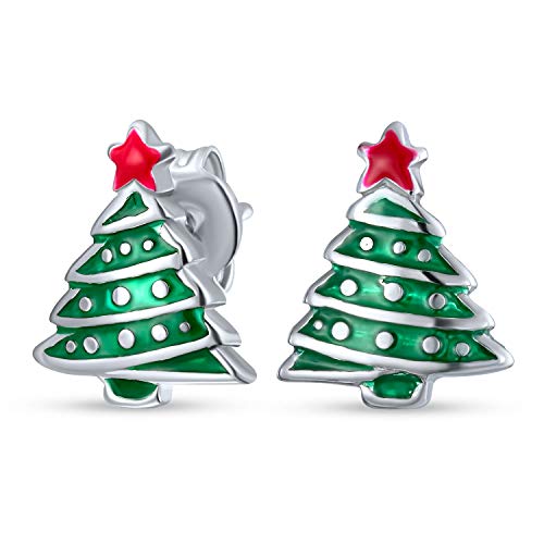 Kleine Rote Stern Emaille Grüne Weihnachtsbaum Ohrstecker In .925 Sterlingsilber Für Frauen Und Teenager, Lustiger Winterurlaubsschmuck von Bling Jewelry