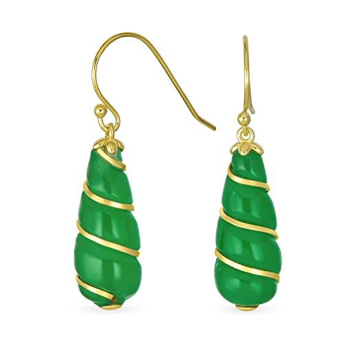 Klassische elegante echte Edelstein lange Kronleuchter dunkelgrüne Jade Tropfen Ohrringe für Frauen 14K Gelbgold Überzug mit verdrehtem Wirbelakzent .925 Sterlingsilber Drahtbügel. von Bling Jewelry