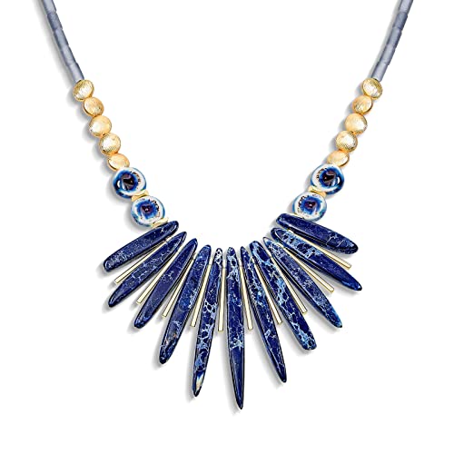 Tribal Compress Navy Lapis Lazuli Spike Edelstein unregelmäßige Perlen Stein Fan Erklärung Kragen Choker Bib Halsketten Western-Schmuck für Frauen Teens Gold plattiert Perle & Verschluss einstellbar von Bling Jewelry
