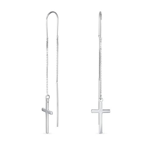 Minimalist Leicht Weight Linear Long Religiös Chain Baumelnd Spirituell Religiös Cross Threader Ohrringe Für Frauen Teen .925 Sterling Silber Stabilizing U Wire Hook Large von Bling Jewelry