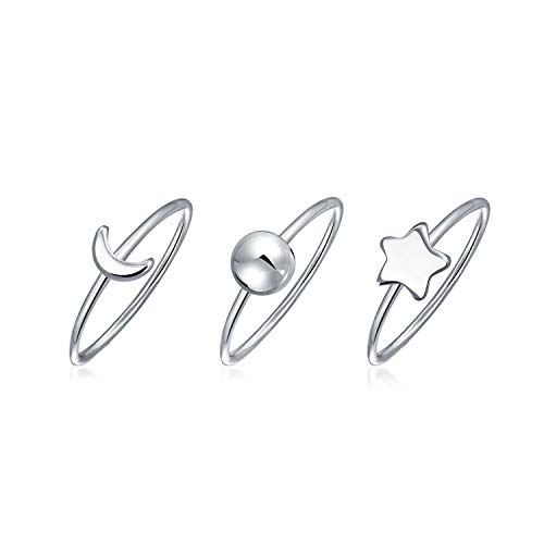Bling Jewelry Minimalistisches zartes Sonne-Mond-Stern-Knöchel-Dünn-1MM-Band stapelbares himmlisches Midi-Dreier-Ring-Set für Frauen Teenager .925 Sterlingsilber von Bling Jewelry