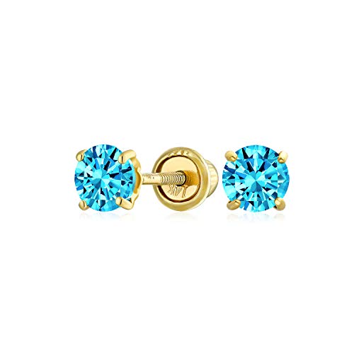 Minimalistische Winzige Kubischer Zirkonia Blau Aqua Simuliert Aquamarin Cz Runde Solitär Ohrstecker Echt 14K Gelbgold Schraube Zurück 3Mm von Bling Jewelry