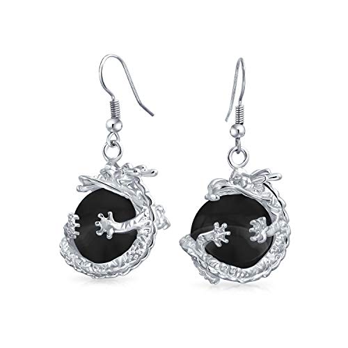 Modische Trendige Schwarze Onyx-Edelstein-Rundkugel Hängende Verwickelte Orb Chinesische Asiatische Drachen-Ohrringe Für Frauen Teenager von Bling Jewelry