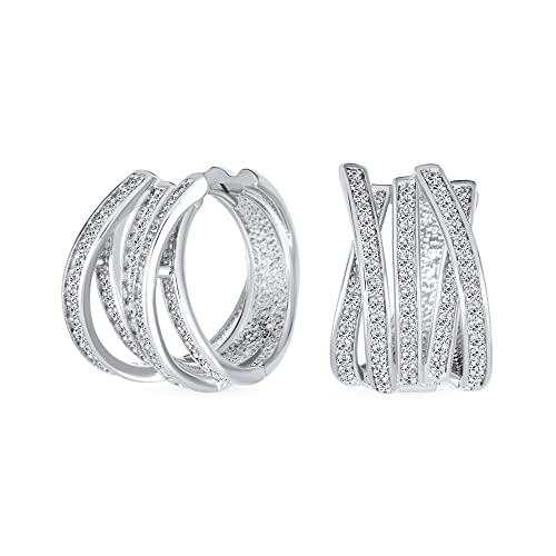 Moderne Braut Fünf Reihen Micro Pave CZ Breite Kreuz Huggie Hoop Ohrringe Für Frauen Hochzeit Formelle Party Silber Rhodium Plattiert Scharnier Stil 0,6 Zoll Durchmesser von Bling Jewelry