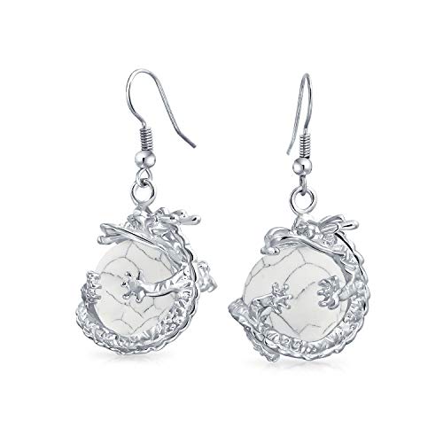 Modische Trendige Weiße Graue Howlith Edelstein Rundkugel Baumelnde Gewickelte Kugel Chinesische Asiatische Drachensilberohrringe Für Frauen Teenager von Bling Jewelry