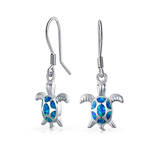 Nautical Aquatic Tropical Strand Vacation Iridescent Blue Created Opal Inlay Meer Tortoise Turtle Baumelnd Drop Earrings For Freundin Teen .925 Sterling Silver Fish Hook von Bling Jewelry