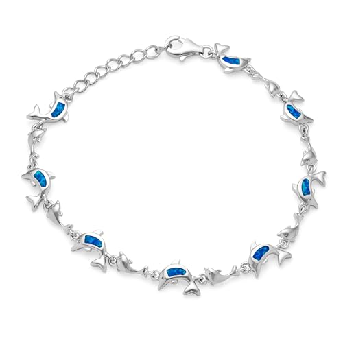 Nautical Tropical Strand Vacation Iridescent Blue Created Opal Inlay Multi-Charme Dolphins Armband Fußkettchen Link Für Frauen .925 Sterling Silber Einstellbar 7,5-9 Zoll von Bling Jewelry