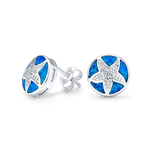 Nautische Hawaiian Tropical Strand Vacation Round Kreis Disc Blue Inlay Created Opal Seestern Stud Earrings For Freundin Teens .925 Sterling Silver October Birthstone von Bling Jewelry