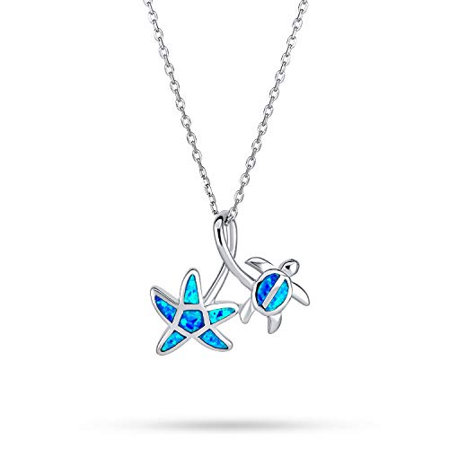 Nautische Tropischen Strand Urlaub Schillernde Blau Erstellt Opal Inlay Meeresschildkröte Seestern Anhänger Halskette Für Frauen Für Teenager .925 Sterling Silber von Bling Jewelry