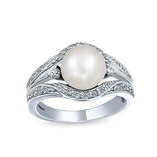 Personalisieren Braut Art Deco Stil Süßwasser Weiß Zuchtperle Cocktail Statement Verlobungsring Für Frauen Pave Triple Split Band .925 Sterling Silber Anpassbar von Bling Jewelry