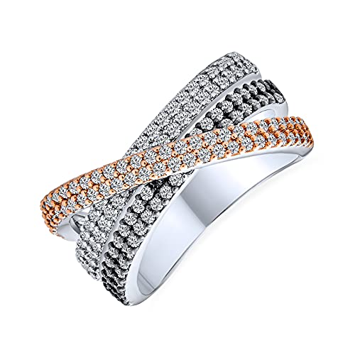 Personalisieren Dreifarbig Schwarz Weiß Rose Metall Pavé AAA CZ Crossover Criss Cross Faux Stacking Eternity Bands Statement Cocktail Triple Band Rollover Ring oder Frauen Splitter Plattiert Anpassbar von Bling Jewelry