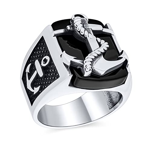 Personalisieren Schwarzer Onyx Edelstein Männer Große Rechteck Signet Nautische Marine Seil Boot Anker Ring Für Männer Checker .925 Sterling Silber Hergestellt In Turkey von Bling Jewelry