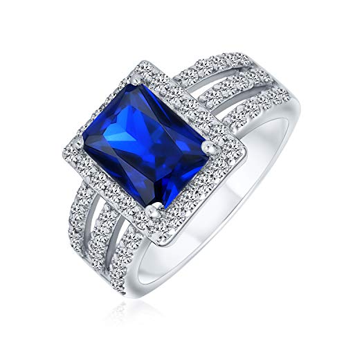 Personalisieren Sie Art Deco Stil 3Ct Rechteck Aaa Cz Simuliert Sapphire Royal Blue Emerald Cut Halo Verlobungsring Für Frauen Wide Band .925 Sterling Silber Brauchizable von Bling Jewelry