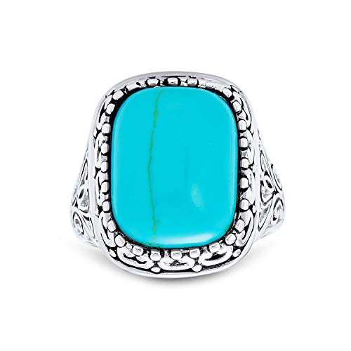 Personalisieren Sie Southwest Boho Style Großes Rechteck Cabochon Edelstein Milgrain Set Blau Türkis Western Statement Ring Für Frauen Filigree Scroll Band .925 Sterling Silber Customizable von Bling Jewelry