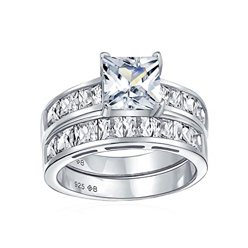 Bling Jewelry Personalisieren Sie Traditionell 2CT Brillant Princess Cut Solitär Seite Steinkristall CZ Quadrat Jahrestag Band Verlobung Hochzeit Ring-Set Für Frauen .925 Sterlingsilber Anpassbar von Bling Jewelry