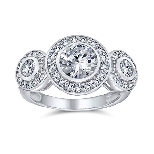 Personalisiert Art Deco Vintage Stil Vergangenheit Gegenwart Zukunft Drei Steine Circlet Halo AAA Zirkonia Runde Solitär Verlobungsring für Frauen .925 Sterling Silber Anpassbar von Bling Jewelry