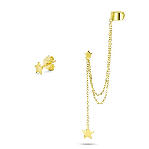 Personalisierte Alphabet A-Z Initiale USA Patriotischer Stern Himmlische Doppelketten-Ohrläppchen-Knorpel-Ohrring Clip On Helix Lineares Band Wrap Ohrmanschette Stecker Ohrring Set 14K Vergoldet .925 von Bling Jewelry