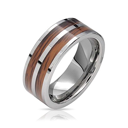 Personalisierte Zweireihige Koa Holz Inlay Titanium Hochzeit Band Ringe Silber Ton Komfort Fit 8Mm Brauch Graviert von Bling Jewelry