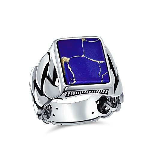 Personalisierte Geflochtene Kabel Weizen Breite Link Kette Band Blau Erstellt Lapis Lazuli Edelsteine Rechteck Statement Siegelring Für Männer .925 Sterlingsilber Handmade In Turkey von Bling Jewelry