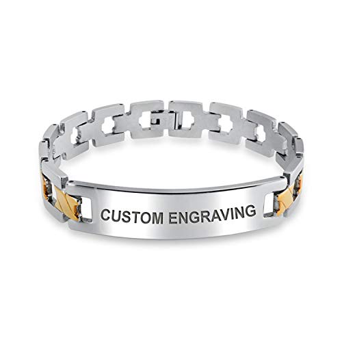 Personalisierte Gravur Name Bar Identifikation Id Armband Kreuz X Link Band Für Männer Zwei Ton Matt Vergoldetem Edelstahl 8 Zoll Benutzerdefinierte Eingraviert von Bling Jewelry