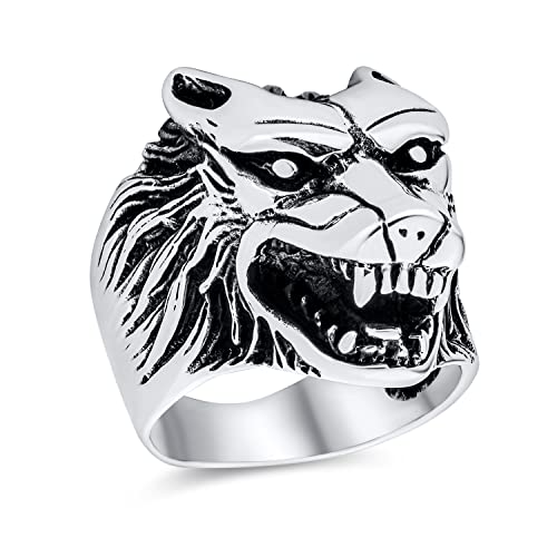 Personalisiertes Jäger Tier Nordischer Wikingerkrieger Signet Ring Mit Wildem Brüllendem Wolfskopf Für Männer Oxidiertes .925 Sterling Silber von Bling Jewelry