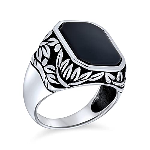 Sie Retro Vintage Stil Elegante Blatt Ranken Akzent Schwarz Onyx Edelstein Oktagon Rechteck Siegel Ring Western-Schmuck Für Männer Schwer Oxidiert .925 Sterling Silber Handgefertigt In Der Türkei von Bling Jewelry