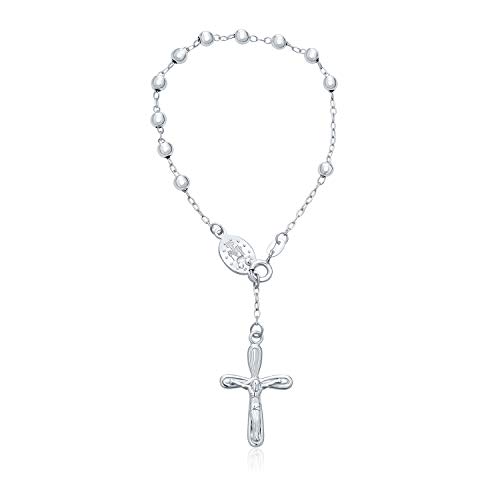 Bling Jewelry Religiöses Jesus-Kruzifix Unendliches Kreuz Jungfrau Maria Rosenkranz Gebetsperlen .925 Sterlingsilber Armband für Frauen Kommunion 3MM Perle 6,5 Zoll von Bling Jewelry