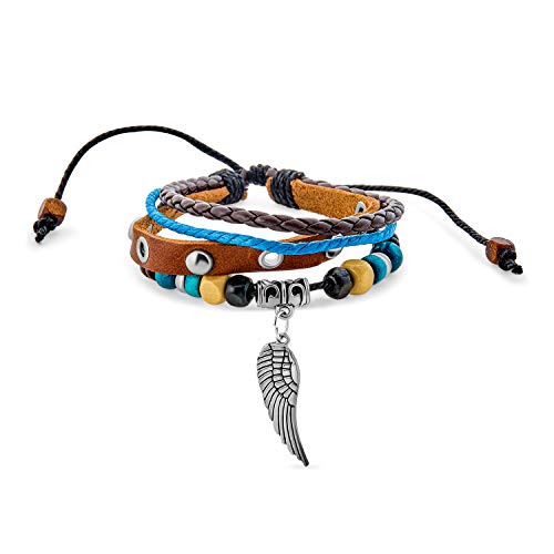 Retro Bohemian Seil Braun Echt Leather Seil Braid Multi Layer Turquoise Color Holz Bead Baumelnd Engelsflügel Feather Charme Wristband Triple Wrap Bracelet Western Jewelry For Freundin Men Einstellbar von Bling Jewelry