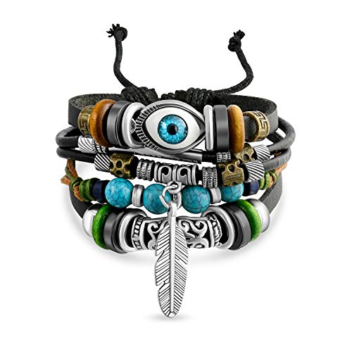 Retro Boho Bohemian Spirituell Leaf Braun Echtes Leder Seil Braid Wrap Multi Layer Türkis Holzperle Böser Blick Feather Charme Armband Bolo Armband Western Schmuck Für Frauen Männer Teens Einstellbar von Bling Jewelry