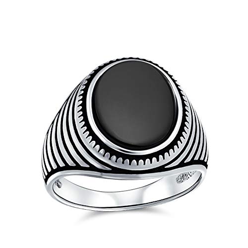 Retro Gerillt Streifen Stil Geätzt Band Schwarz Onyx Platz Signet Ring Für Männer Schwer .925 Sterling Silber Handgefertigt In Der Türkei von Bling Jewelry