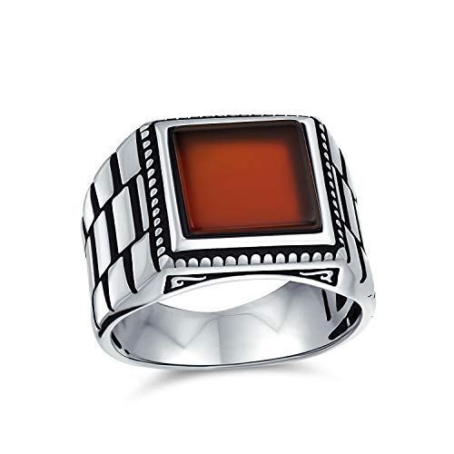 Retro-Band Stil Geätzte Band Rote Achat Quadratische Siegelring Für Männer Schwer .925 Sterling Silber Handgefertigt In Der Türkei von Bling Jewelry