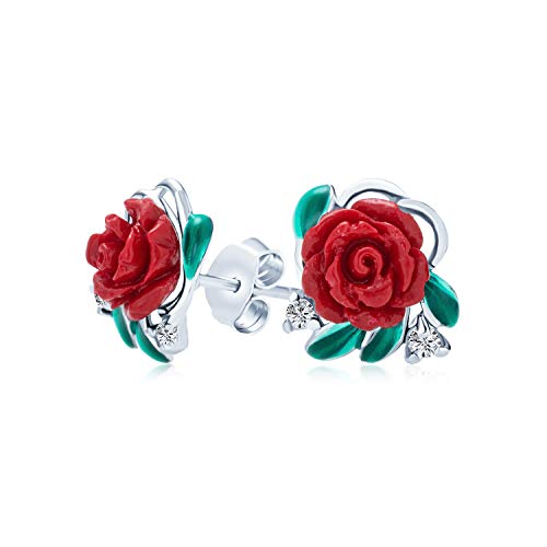 Romantische Zarte Blühende Blume Cz Grün Cz Blatt 3D Geschnitzt Rote Rose Ohrstecker Für Frauen Teen .925 Sterling Silber von Bling Jewelry
