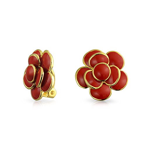 Rote Emaille Rosenblume Frühling Retro Clip Ohrringe Knopf Stil Für Nicht Durchstochene Ohren Vergoldetes Messing von Bling Jewelry