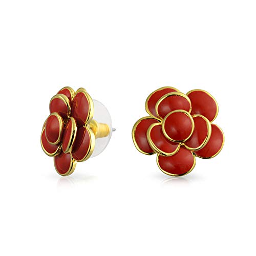 Rote Emaille Knopf Stil 3D Rose Blume Frühling Retro Ohrstecker Für Frauen Durchbohrt Ohren 14K Gold Vergoldet Messing von Bling Jewelry