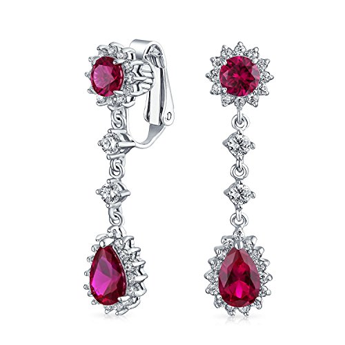 Vintage Stil Bräutigam Simulierte Rubin Rot Grün Anweisung Pave Krone Halo Zirkonia AAA CZ Lange Baumelnd Oval Träne Kron Clip Auf Ohrringe Für Frauen Nicht Durchbohrt von Bling Jewelry