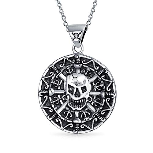 Bling Jewelry Runde Münze Schwere Große Medaillon Karibik Azteken Piraten Totenkopf Anhänger Halskette Für Männer Oxidiert .925 Sterling Silber von Bling Jewelry