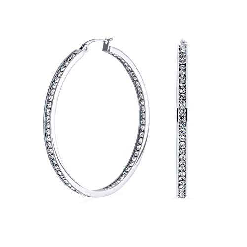 Runder Kanal Set CZ Inside Out Große Creolen Für Frauen Silberfarbener Edelstahl 5 Cm Durchmesser von Bling Jewelry