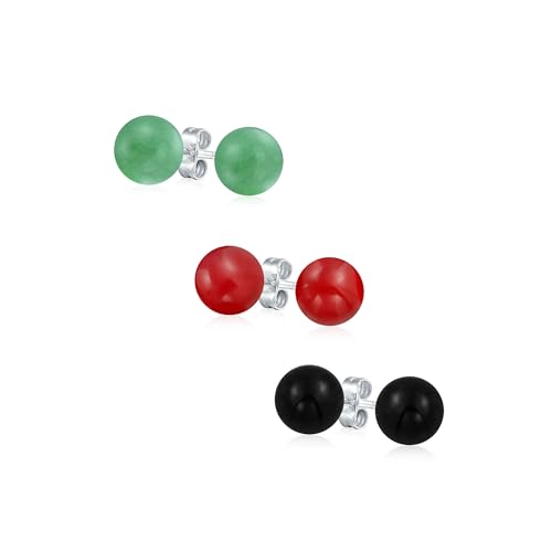 Satz von drei einfachen gefärbten Edelstein-Ohrringen aus grünem Aventurin, rotem natürlichem Koralle und schwarzem Onyx für Frauen, .925 Sterlingsilber, 10MM. von Bling Jewelry