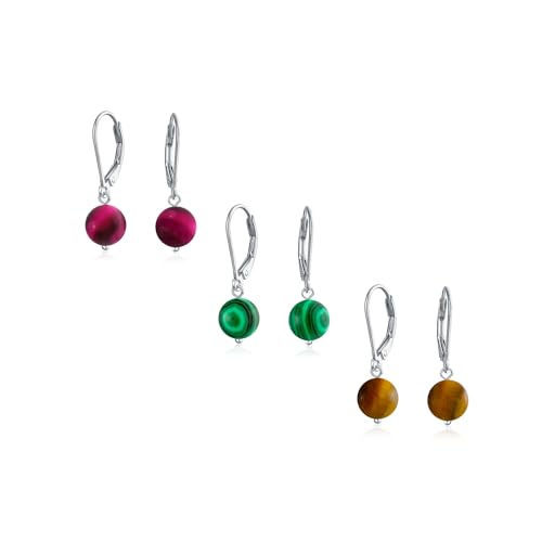 Set aus drei einfachen, schlichten, runden, gefärbten Fuchsia-, Braun-Tigerauge- und Dunkelgrün-Malachit-Perlen-Ohrringen mit Hebelverschluss für Damen aus .925 Sterlingsilber. Set aus drei einfachen, schlichten, runden, gefärbten Fuchsia-, Braun-Tigerauge- und Dunkelgrün-Malachit-Perlen-Ohrringen mit Hebelverschluss für Damen aus .925 Sterlingsilber. von Bling Jewelry
