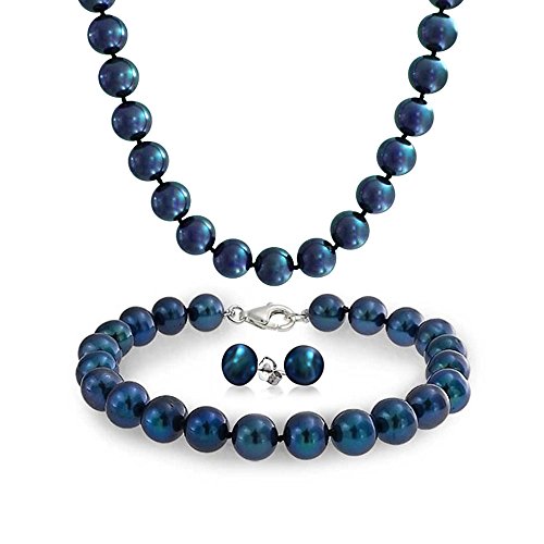 Schillernde Pfau Blau Schwarz Hand Geknotet Süßwasser Zuchtperlen Strang Halskette 18" Armband 7,5"Ball Ohrringe 7Mm 3Pcs Schmuck-Set Für Frauen von Bling Jewelry