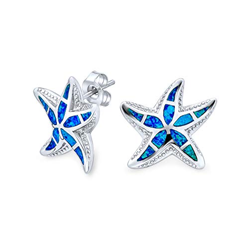 Große Nautische Hawaiian Tropischen Strand Urlaub Blau Inlay Erstellt Opal Seestern Ohrstecker Für Frauen Teenager .925 Sterling Silber Oktober Birthstone von Bling Jewelry
