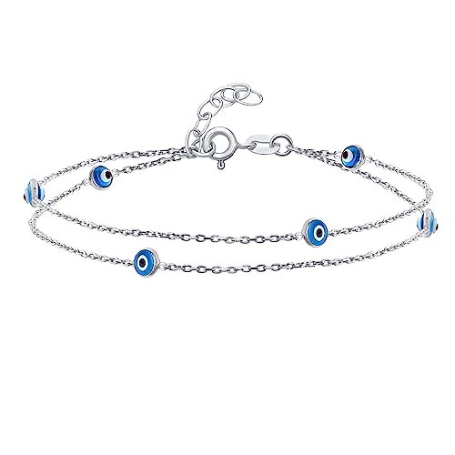 Schutz Amulett Minimalistisches Zartes Doppelreihen Aqua Blau Böses Auge Fußkettchen Knöchelarmband Für Frauen Teenager .925 Sterling Silber 8,5-9,5 Zoll von Bling Jewelry