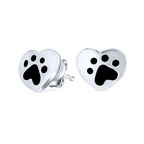 Schwarze Emaille Hund Katze Welpe Kätzchen Bff Haustier Tierliebhaber Herzförmige Pfotenabdruck Ohrstecker Aus .925 Sterling Silber von Bling Jewelry