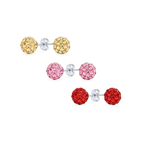 Set aus drei eleganten .925 Sterling Silber runden 8MM glitzernden Pave Kristall Disco Ball Rot Gelb Pink Ohrstecker für Frauen Teenager von Bling Jewelry