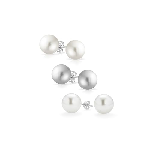 Set aus drei klassischen, einfachen, eleganten weißen, hellgrauen, simulierten Perlenkugel-Ohrsteckern für Frauen und Teenager, 925er Sterlingsilber, 10MM von Bling Jewelry