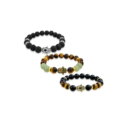 Satz von drei spirituellen stapelbaren runden Perlen Armband aus schwarzem Onyx, Lavastein, braunem Tigerauge und gefärbtem grünem Jade-Strang mit Hamsa-Hand für Frauen und Männer, versilbert. von Bling Jewelry